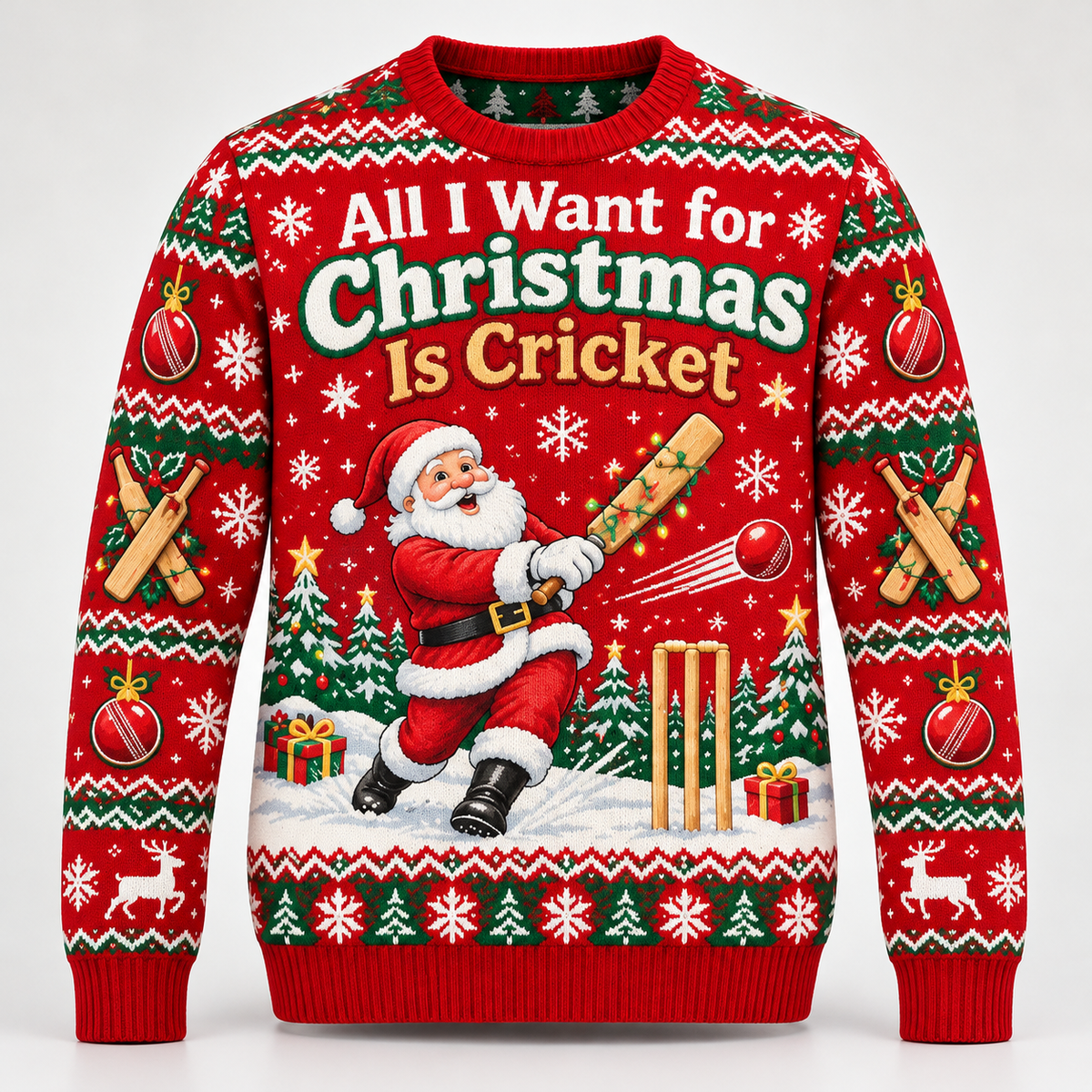 Red Christmas jumper with Santa playing cricket and the words All I Want for Christmas Is Cricket