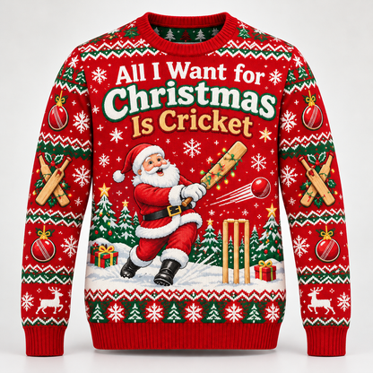 Red Christmas jumper with Santa playing cricket and the words All I Want for Christmas Is Cricket