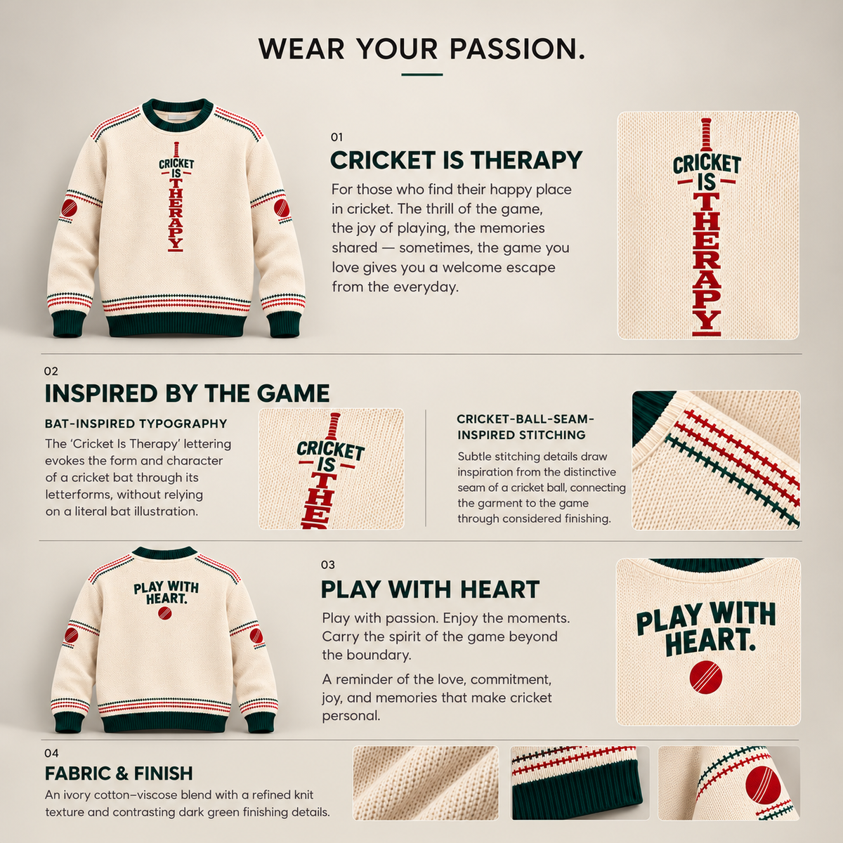 Design details of the ivory Cricket Is Therapy jumper, including the Play With Heart back
