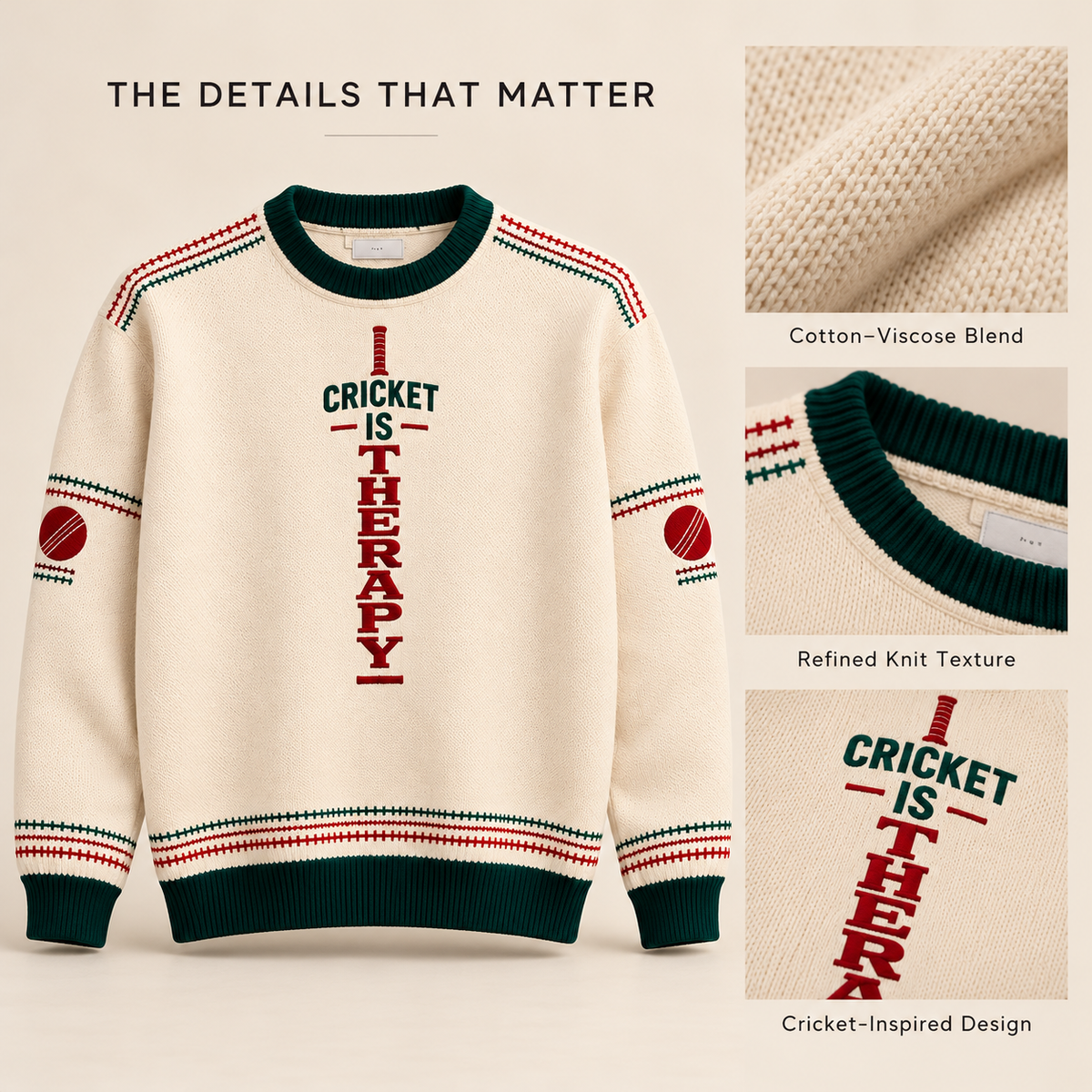 Close-ups of the ivory jumper fabric, green ribbed neckline and Cricket Is Therapy lettering