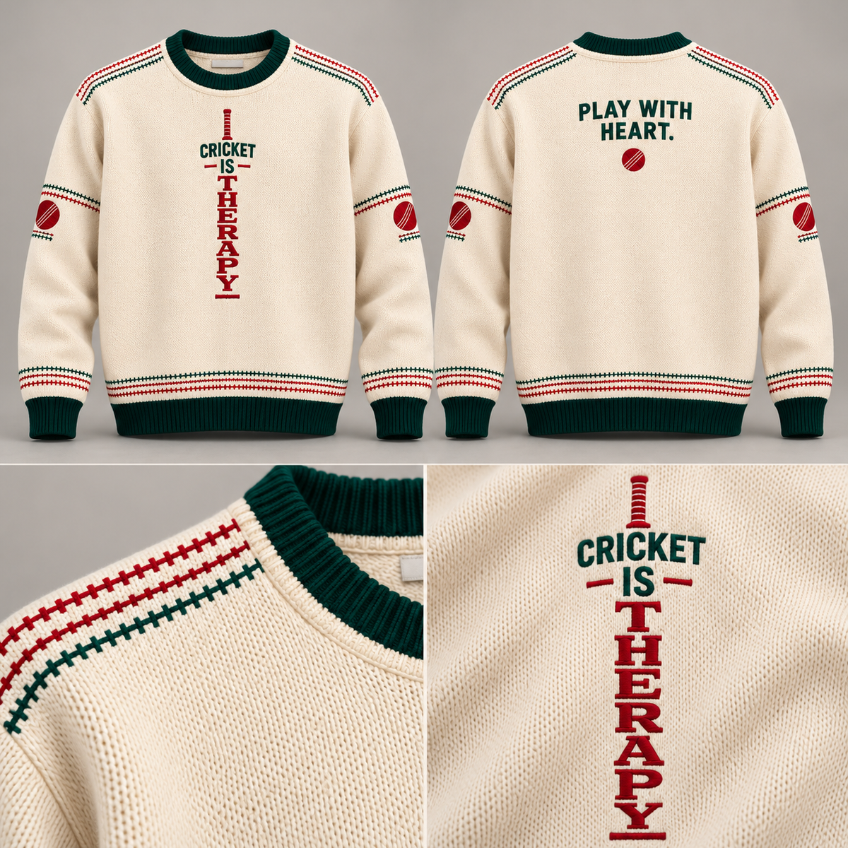 Front and back of the ivory Cricket Is Therapy jumper, with shoulder and lettering close-ups
