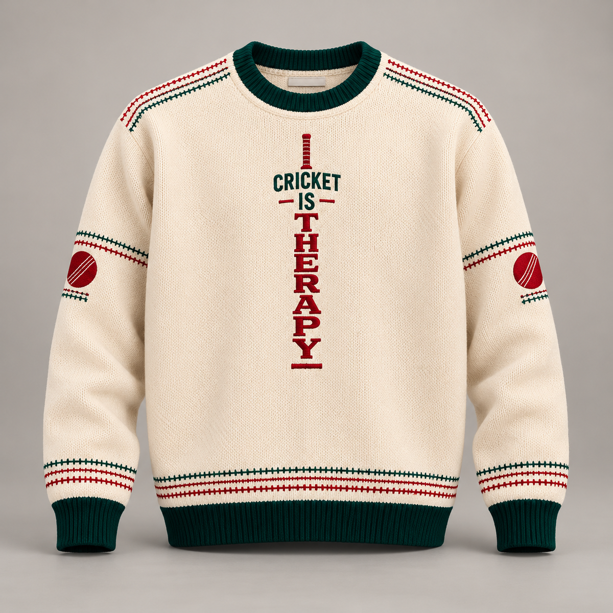 Ivory Cricket Is Therapy Christmas jumper with green ribbed trim and red cricket-ball motifs on the sleeves