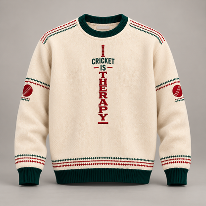 Ivory Cricket Is Therapy Christmas jumper with green ribbed trim and red cricket-ball motifs on the sleeves