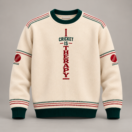 Ivory Cricket Is Therapy Christmas jumper with green ribbed trim and red cricket-ball motifs on the sleeves