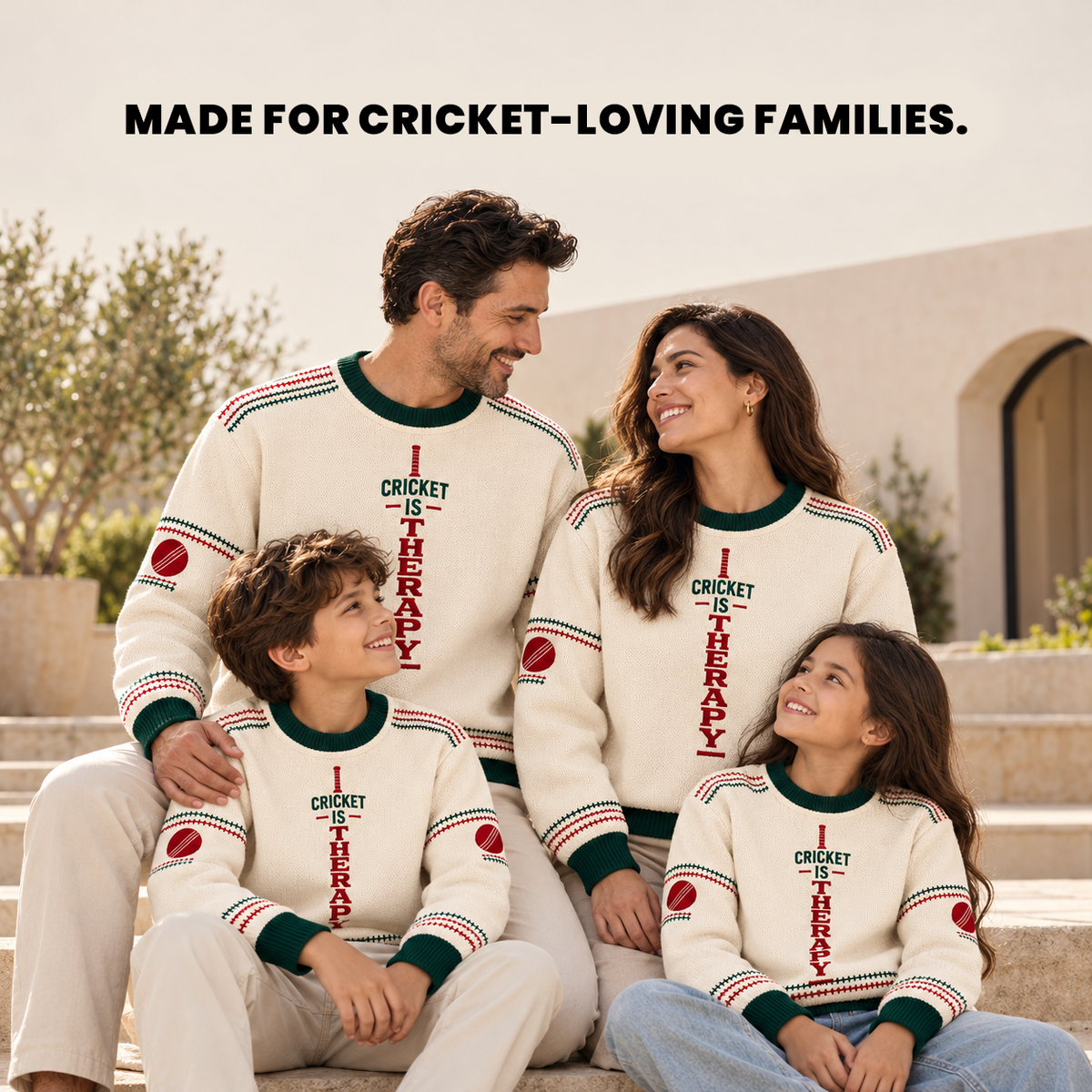 Family wearing ivory Cricket Is Therapy cricket jumpers