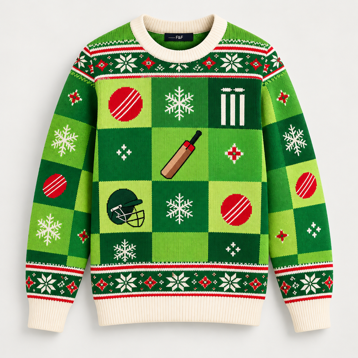 Green checked cricket Christmas jumper with cricket balls, bat, stumps, helmet and snowflakes