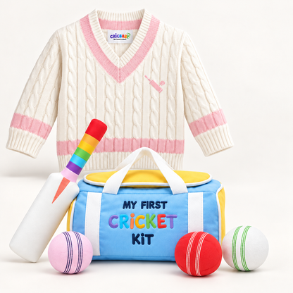 My First Cricket Kit + Organic Cotton Cricket Jumper