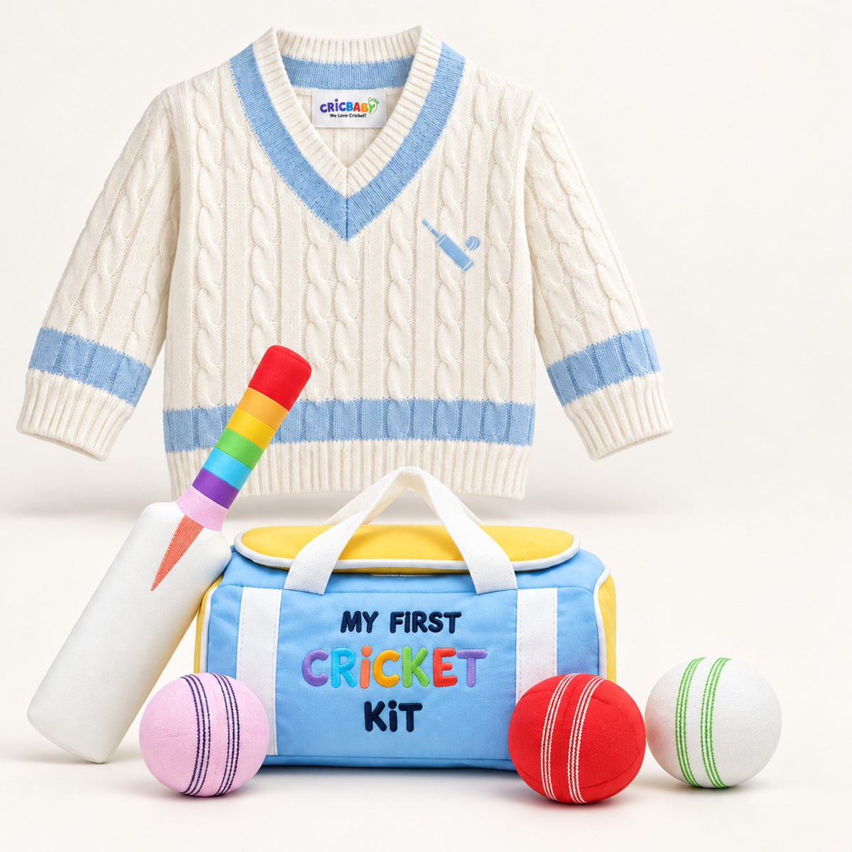 My First Cricket Kit + Organic Cotton Cricket Jumper